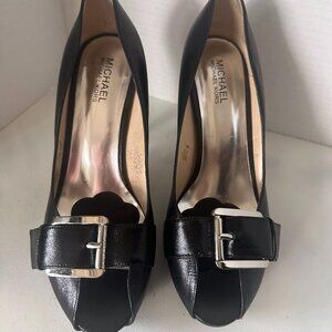 Michael Kors 4.5 in Black Heels with Buckled Peep Toe-Size 9